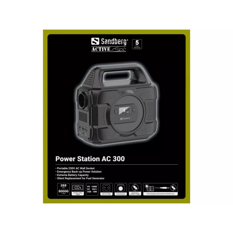 Sandberg Power Station AC 300, 80000 mAh, AC, DC, Solar, USB, 296 Wh, 300 W, 300 W, 6 A