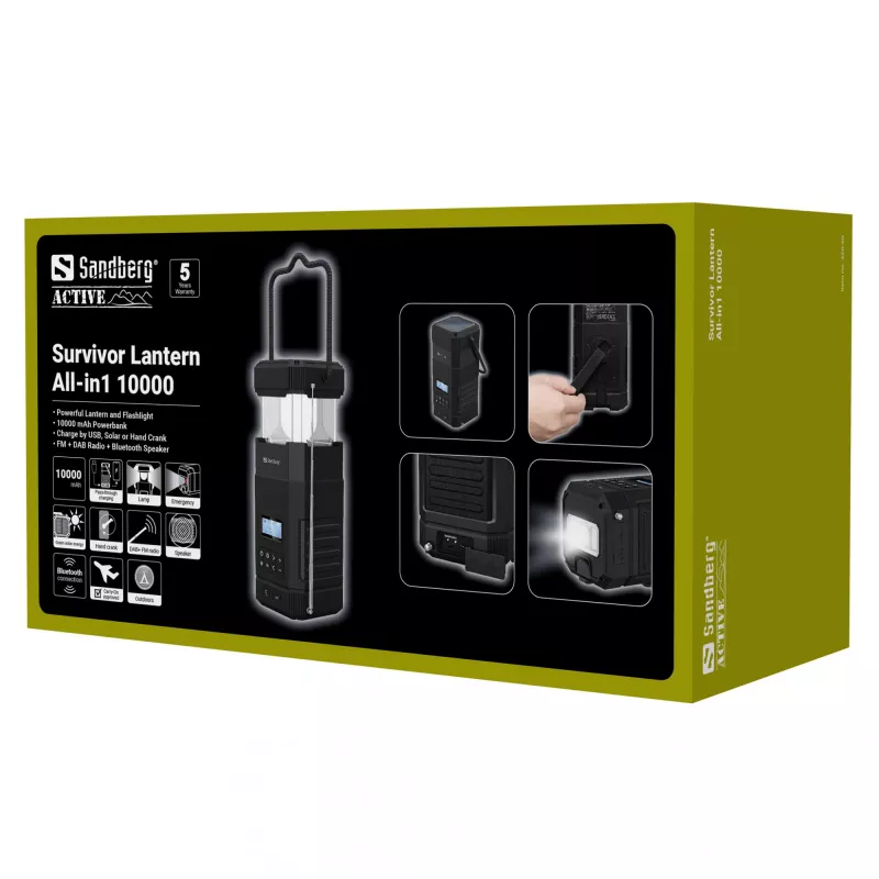 Sandberg Survivor Lantern All-in1 10000, zasilana bateriami latarnia kempingowa, czarna, IPX5, LED, USB C, bateria