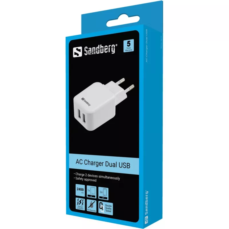 Sandberg AC Charger Dual USB 2.4+1A EU, do użytku wewnętrznego, AC, USB, 5 V, czarny, biały