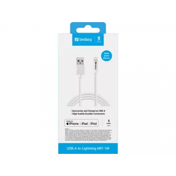 Sandberg USB-A do Lightning MFI 1M, 1 m, Lightning, USB A, Biały, Prosty, Prosty