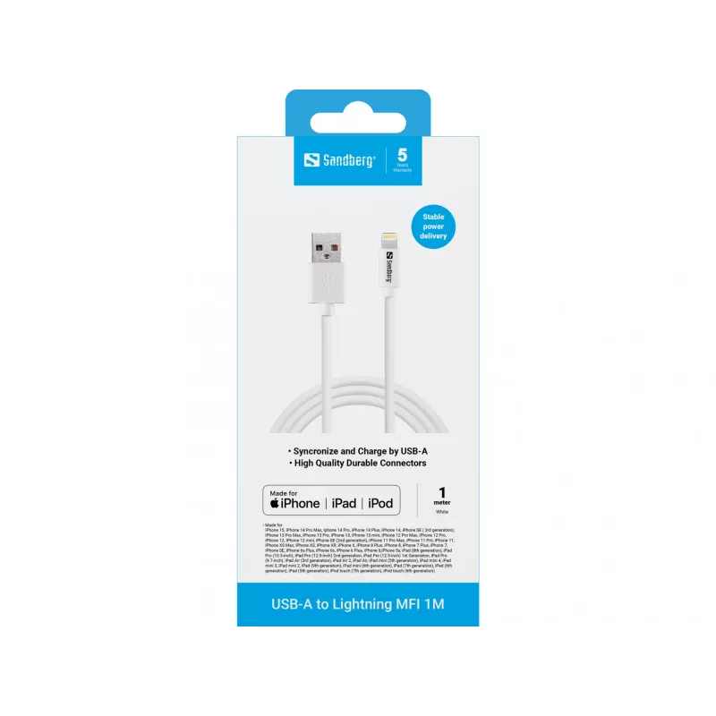 Sandberg USB-A do Lightning MFI 1M, 1 m, Lightning, USB A, Biały, Prosty, Prosty