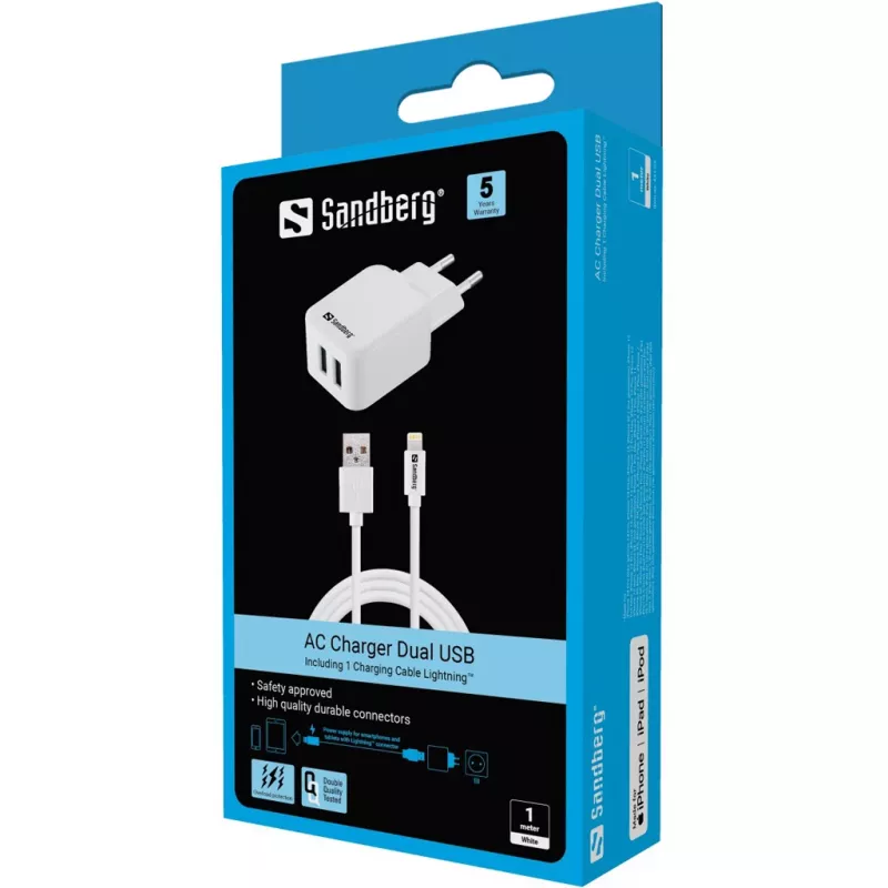 Sandberg AC Charger EU Lightning 2.4A, do pomieszczeń, sieciowy, 5 V, biały