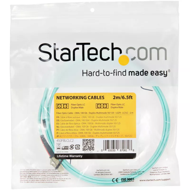 StarTech.com 2m (6ft) LC/UPC do LC/UPC OM4 wielomodowy kabel światłowodowy, 50/125µm LOMMF/VCSEL Zipcord, 100G, niskie tłumienie wtrąceniowe - LSZH zwora światłowodowa