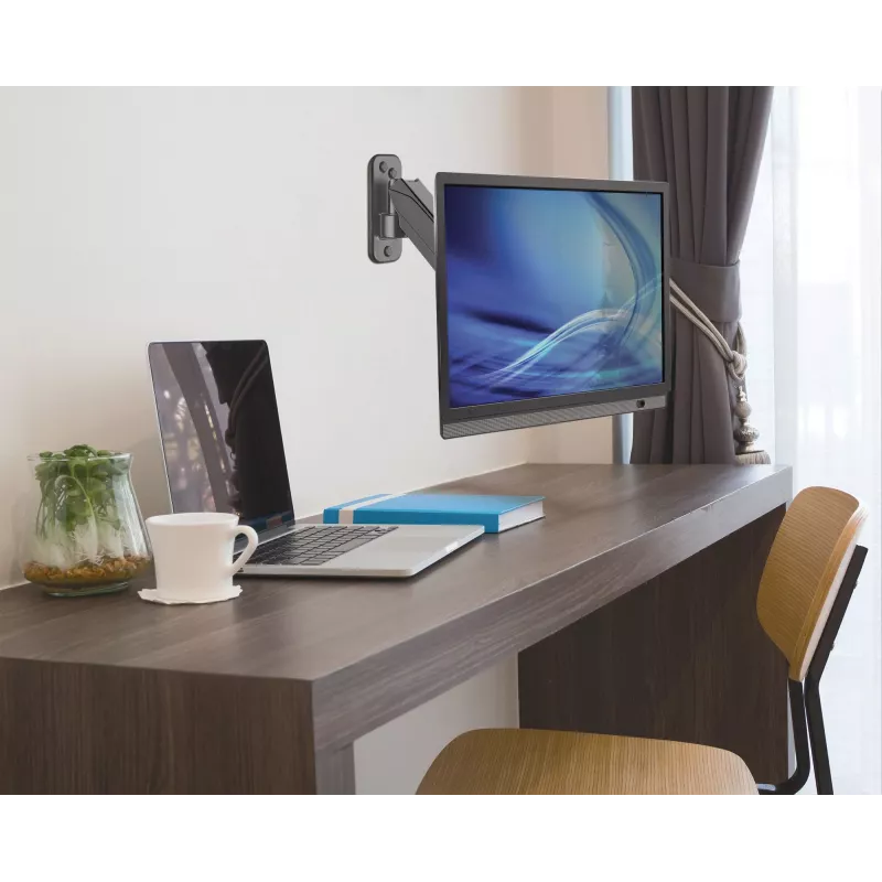 Manhattan Uchwyt ścienny do TV i monitorów (ramię sprężynowe, 2 przeguby), Do ekranów 17–32 cale, Kompatybilność VESA: 75x75 mm i 100x100 mm – sprawdź wymiary czterech otworów montażowych z tyłu ekranu, aby upewnić się, że pasuje, Maks. 8 kg, Czarny, Wspornik, Dożywotnia gwarancja