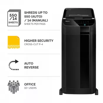 Niszczarka Fellowes AutoMax 550C – Automatyczne podawanie 550 arkuszy, cięcie poprzeczne, kosz 83 L, bezpieczeństwo P-4