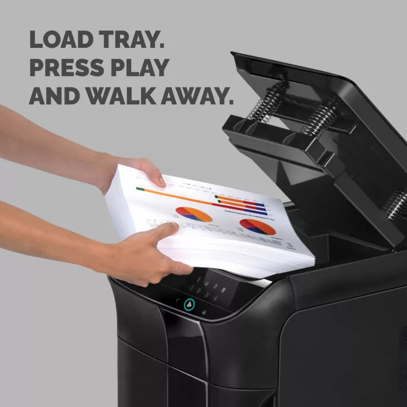 Niszczarka Fellowes AutoMax 550C – Automatyczne podawanie 550 arkuszy, cięcie poprzeczne, kosz 83 L, bezpieczeństwo P-4