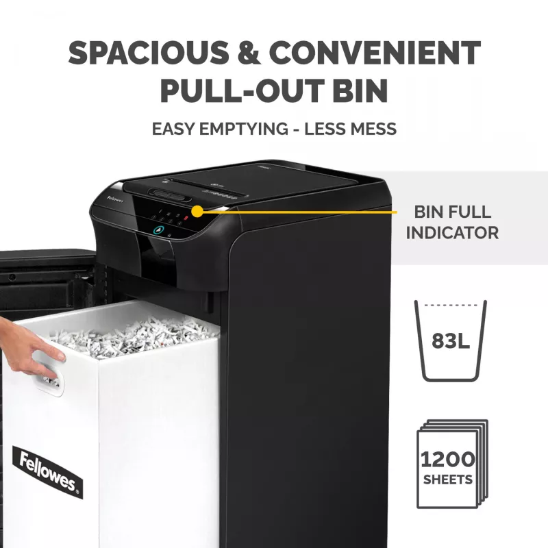 Niszczarka Fellowes AutoMax 550C – Automatyczne podawanie 550 arkuszy, cięcie poprzeczne, kosz 83 L, bezpieczeństwo P-4