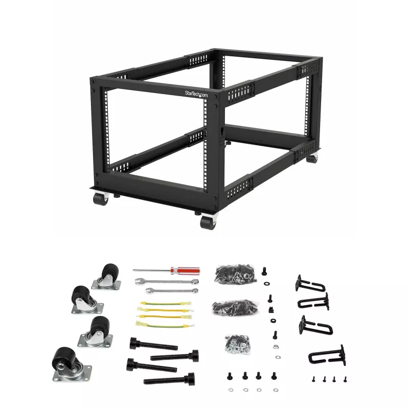 StarTech.com 4-słupkowy 12U mobilny otwarty stelaż serwerowy, czterosłupkowy 19-calowy stelaż sieciowy na kółkach, stelaż na kółkach z regulowaną głębokością do sprzętu komputerowego/AV/Data/IT - kółka, stopki poziomujące lub montaż do podłogi