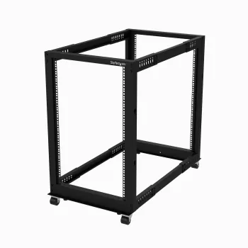 StarTech.com 4-Post 18U Mobile Open Frame Server Rack, Four Post 19 inch sieciowy Rack with Wheels, Rolling Rack with Adjustable Depth for Computer/AV/Data/IT Equipment - Casters, Leveling Feet or Floor Mounting