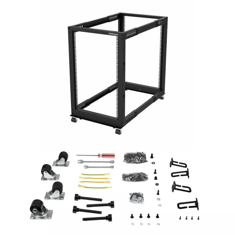 StarTech.com 4-Post 18U Mobile Open Frame Server Rack, Four Post 19 inch sieciowy Rack with Wheels, Rolling Rack with Adjustable Depth for Computer/AV/Data/IT Equipment - Casters, Leveling Feet or Floor Mounting