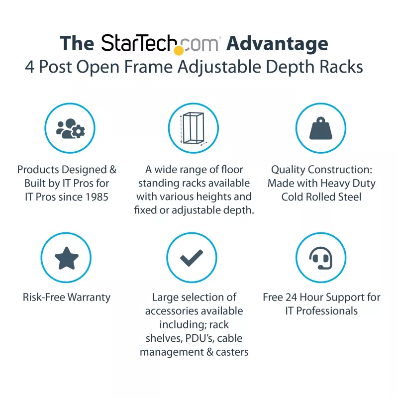 StarTech.com 4-Post 18U Mobile Open Frame Server Rack, Four Post 19 inch sieciowy Rack with Wheels, Rolling Rack with Adjustable Depth for Computer/AV/Data/IT Equipment - Casters, Leveling Feet or Floor Mounting