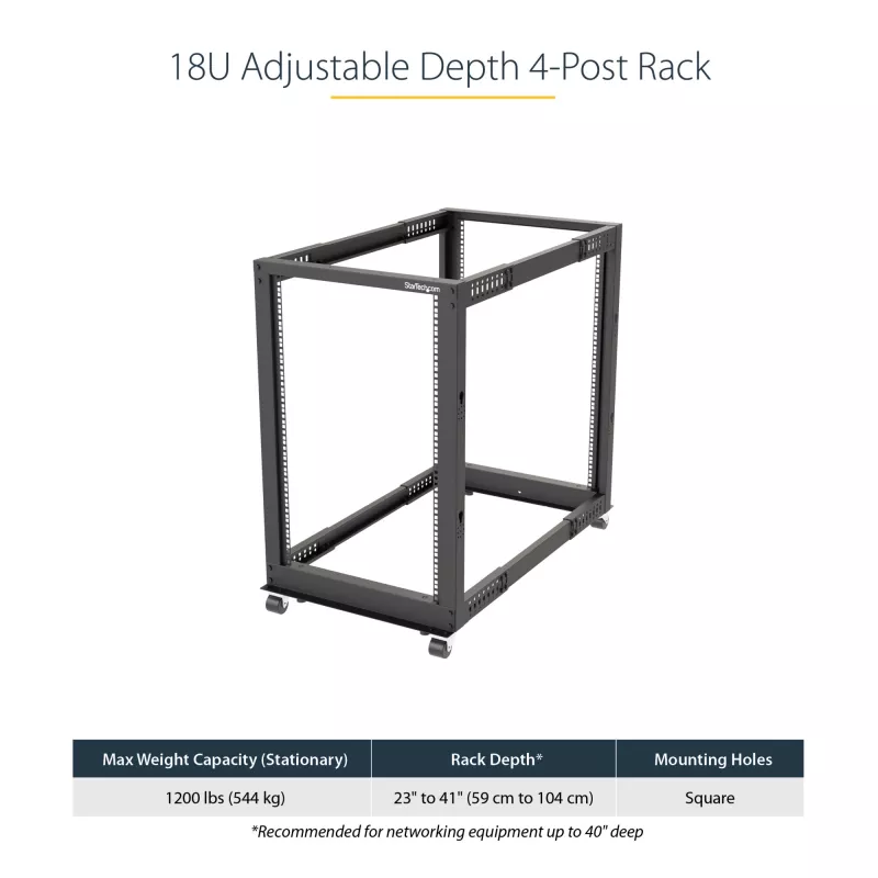 StarTech.com 4-Post 18U Mobile Open Frame Server Rack, Four Post 19 inch sieciowy Rack with Wheels, Rolling Rack with Adjustable Depth for Computer/AV/Data/IT Equipment - Casters, Leveling Feet or Floor Mounting