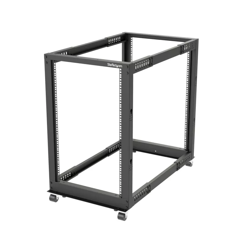 StarTech.com 4-Post 18U Mobile Open Frame Server Rack, Four Post 19 inch sieciowy Rack with Wheels, Rolling Rack with Adjustable Depth for Computer/AV/Data/IT Equipment - Casters, Leveling Feet or Floor Mounting