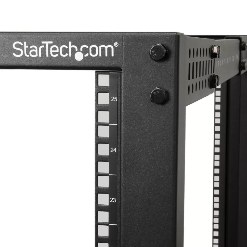 StarTech.com 4-słupkowy 25U mobilny serwerowniczy stelaż otwarty, czterosłupkowy 19-calowy stelaż sieciowy z kółkami, stelaż jezdny z regulowaną głębokością dla sprzętu komputerowego/AV/danych/IT – kółka skrętne, nóżki poziomujące lub montaż do podłogi