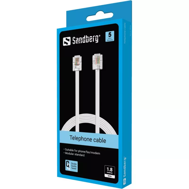 Przewód telefoniczny Sandberg RJ11-RJ11 1,8 m, 1,8 m, RJ11, RJ11, Męski, Męski, Biały