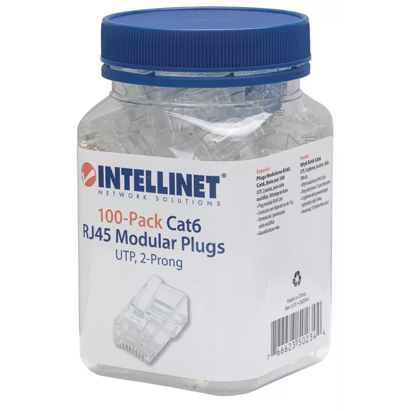 Intellinet RJ45 Modular Plugs, Cat6, UTP, 2-zębowe, do przewodów linkowych, pozłacane styki 15 µ, 100 szt.