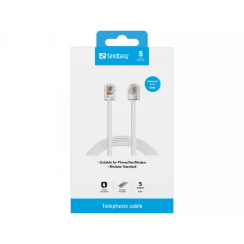 Kabel telefoniczny Sandberg RJ11-RJ11 5 m, 5 m, RJ11, RJ11, Wtyk męski, Wtyk męski, Biały