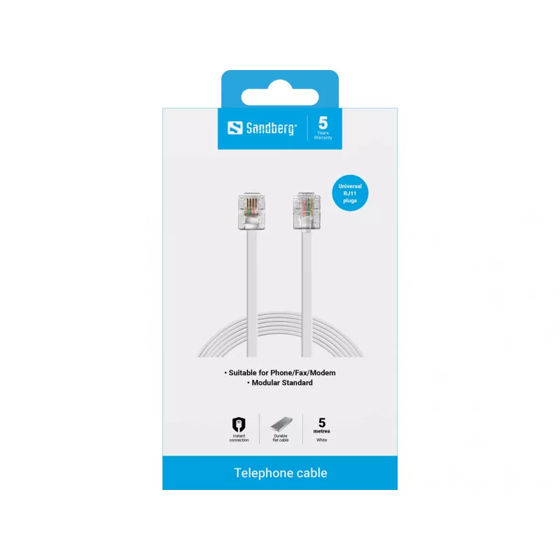 Kabel telefoniczny Sandberg RJ11-RJ11 5 m, 5 m, RJ11, RJ11, Wtyk męski, Wtyk męski, Biały