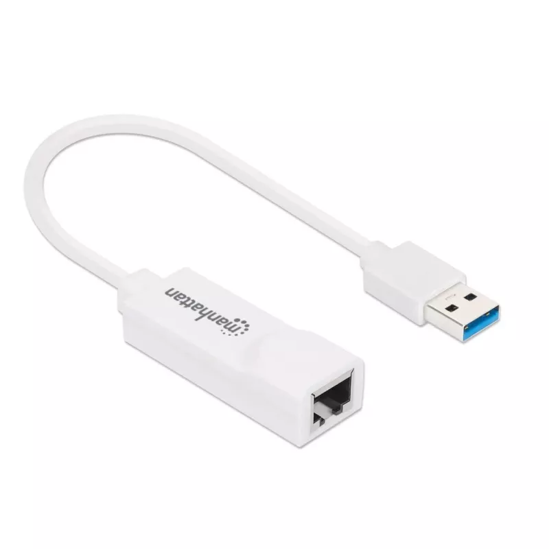 Adapter sieciowy Manhattan USB-A Gigabit, biały, sieć 10/100/1000 Mbps, USB 3.0, Ethernet, RJ45, trzyletnia gwarancja, odpowiednik USB31000SW