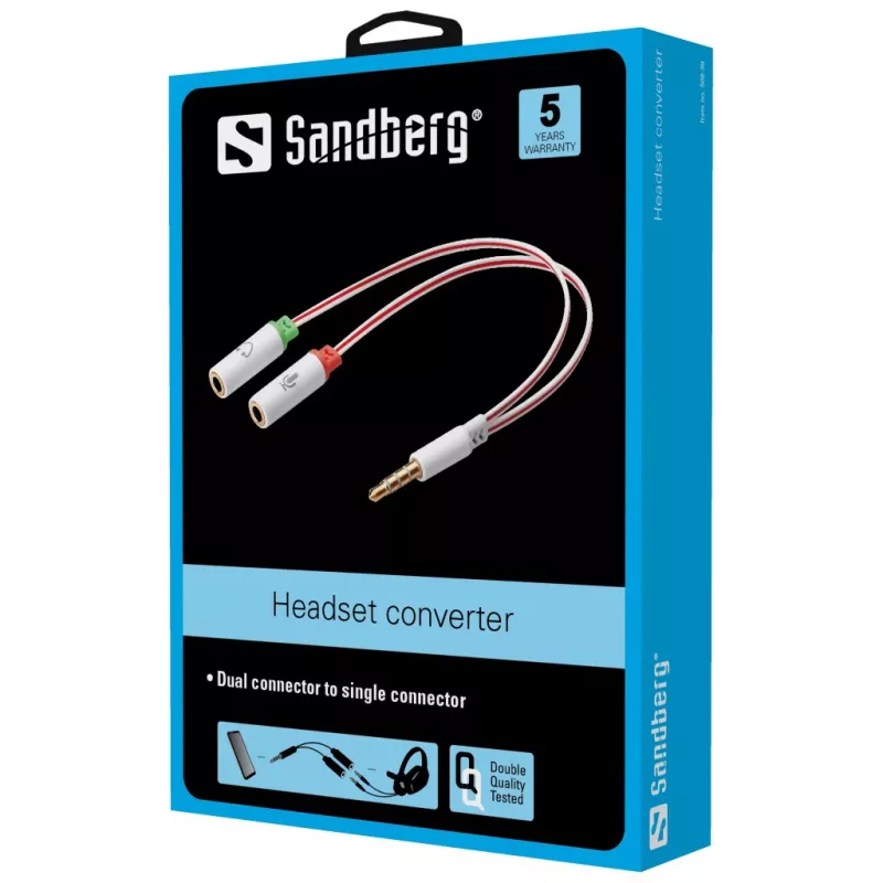 Konwerter słuchawkowy Sandberg Dual-Single, 3,5 mm TRS, wtyk męski, żeński, biały