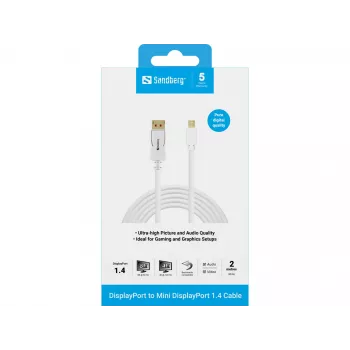 Sandberg DP-MiniDP 1.4 8K60Hz 2m, 2 m, DisplayPort, Mini DisplayPort, Męski, Męski, 7680 x 4320 pikseli