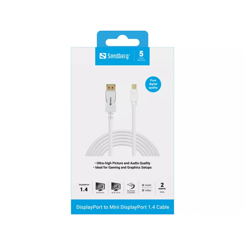 Sandberg DP-MiniDP 1.4 8K60Hz 2m, 2 m, DisplayPort, Mini DisplayPort, Męski, Męski, 7680 x 4320 pikseli