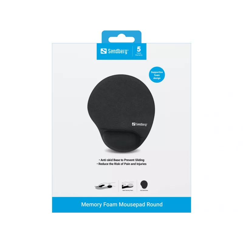 Sandberg Memory Foam myszpad Round, czarna, monochromatyczna, pianka memory, podpórka pod nadgarstek, antypoślizgowa podstawa