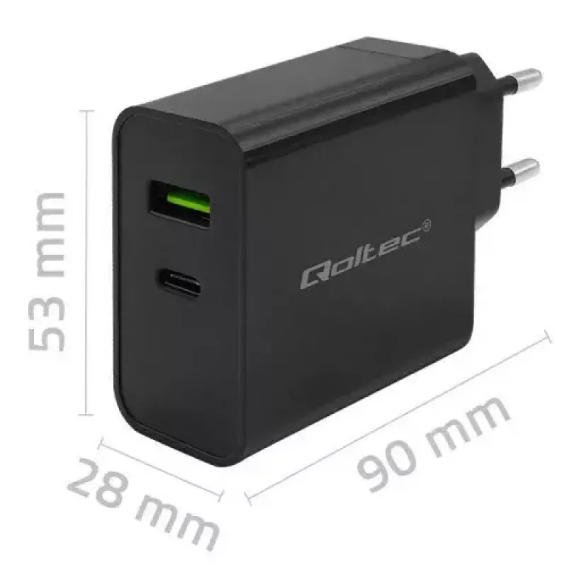 Ładowarka Qoltec 52378 Wewnętrzna Szybkie Ładowanie AC 3A USB Type-C Czarna