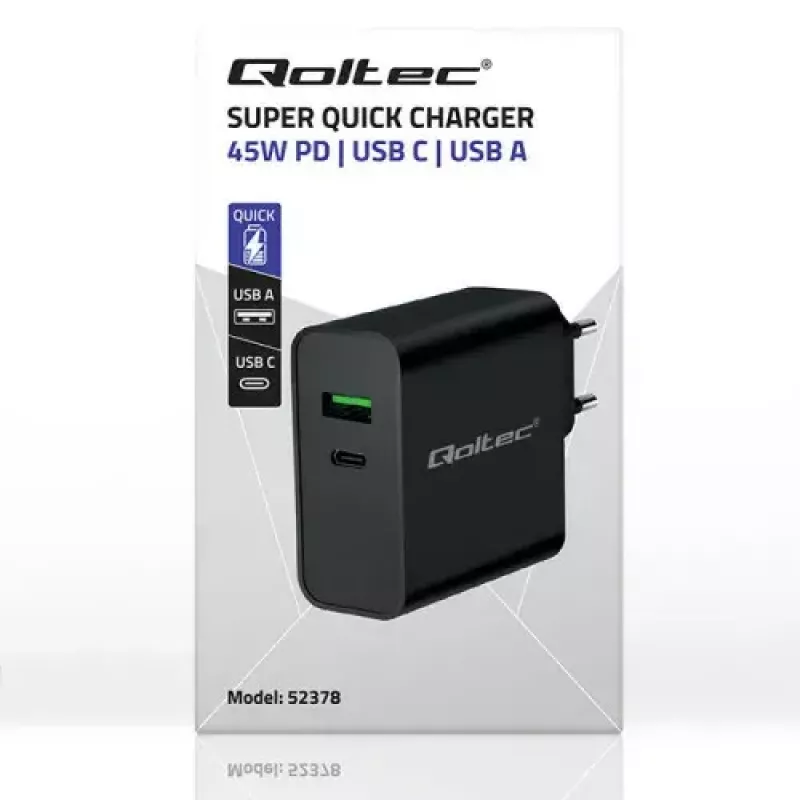 Ładowarka Qoltec 52378 Wewnętrzna Szybkie Ładowanie AC 3A USB Type-C Czarna