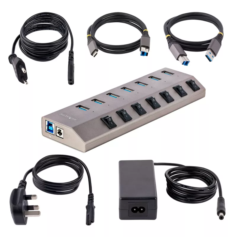 StarTech.com 7-portowy samozasilający się hub USB-C z indywidualnymi przełącznikami wł./wył., hub USB 3.0 5 Gb/s z zasilaczem, hub rozszerzający USB-C na USB-A do komputerów stacjonarnych/laptopów, hub USB Type-C z BC 1.2