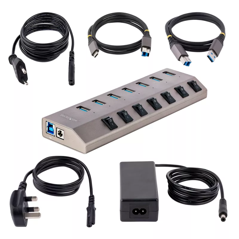 StarTech.com 7-portowy samozasilający się hub USB-C z indywidualnymi przełącznikami wł./wył., hub USB 3.0 5 Gb/s z zasilaczem, hub rozszerzający USB-C na USB-A do komputerów stacjonarnych/laptopów, hub USB Type-C z BC 1.2