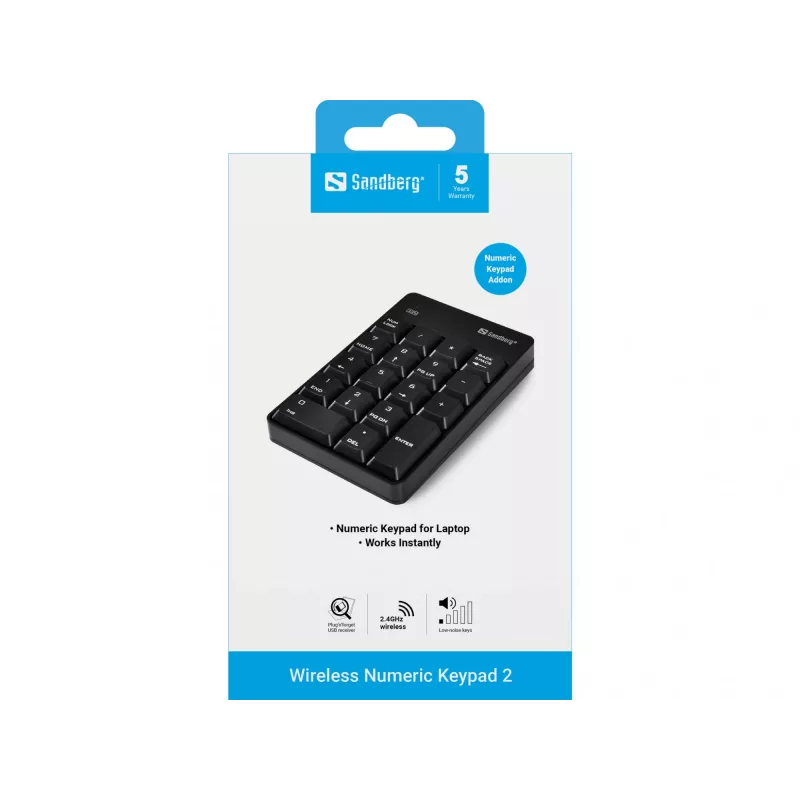 Sandberg Wireless Numeric Keypad 2, RF Wireless, 18, Laptop/PC, Czarny