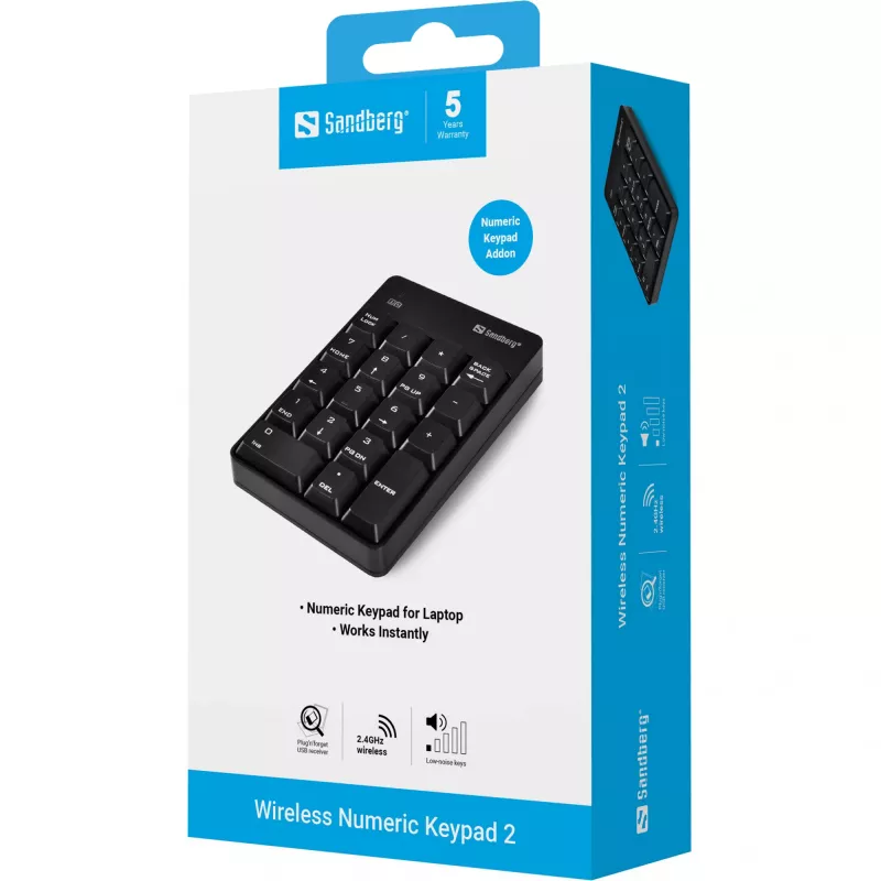 Sandberg Wireless Numeric Keypad 2, RF Wireless, 18, Laptop/PC, Czarny