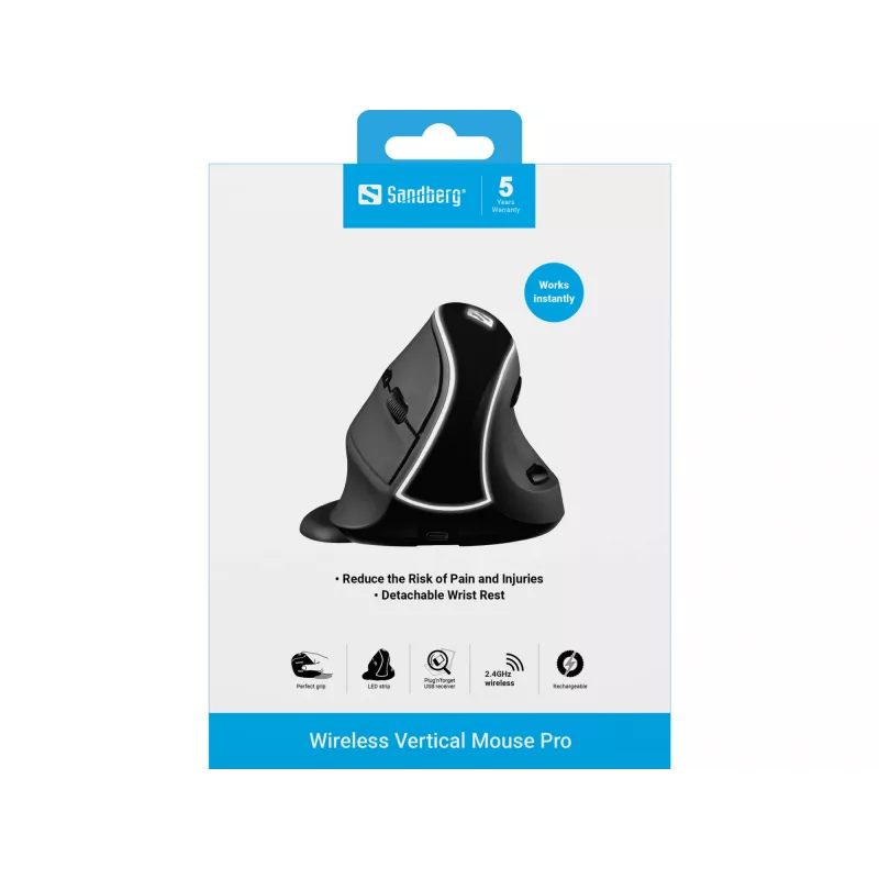Sandberg Wireless Vertical mysz Pro, Praworęczna, Konstrukcja pionowa, Optyczny, RF Wireless, 1600 DPI, Czarny