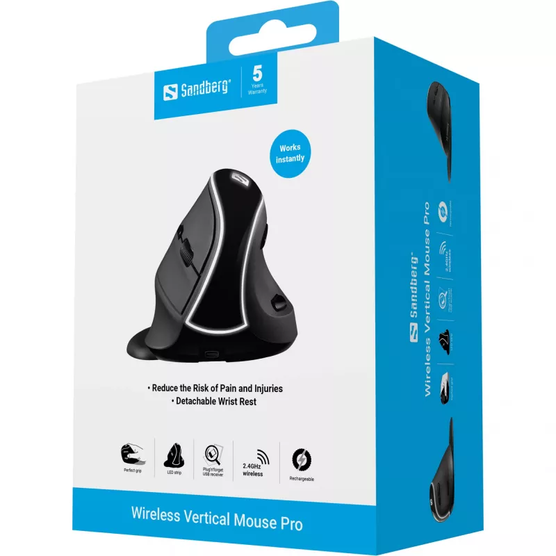 Sandberg Wireless Vertical mysz Pro, Praworęczna, Konstrukcja pionowa, Optyczny, RF Wireless, 1600 DPI, Czarny
