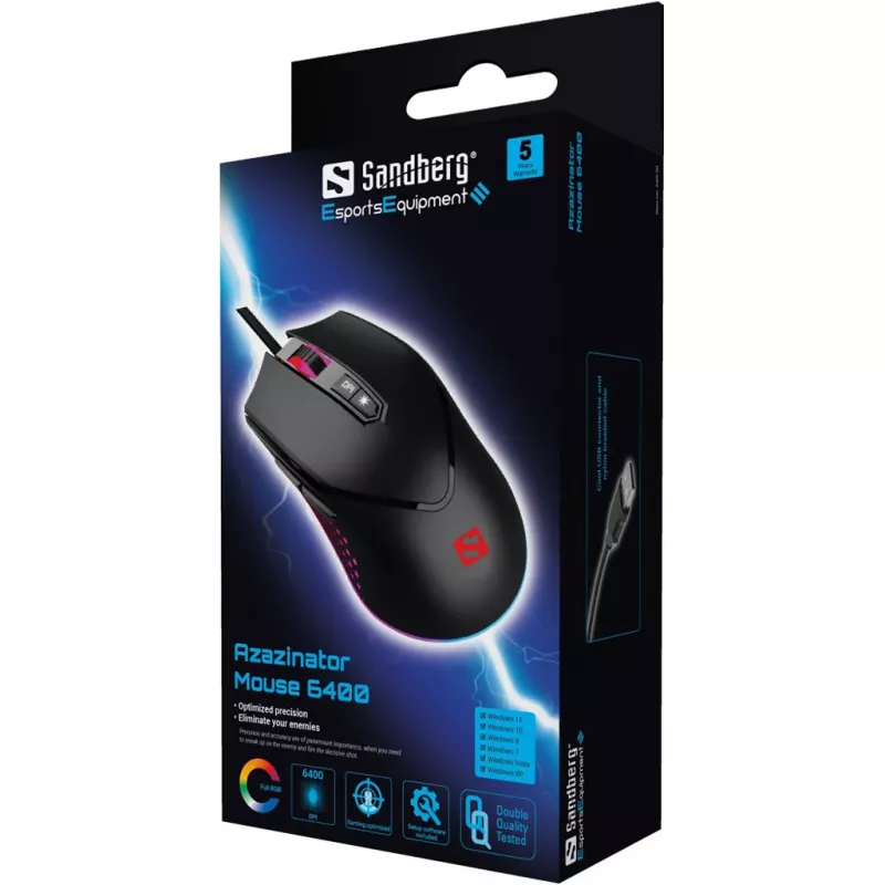 Sandberg Azazinator mysz 6400, dla prawej ręki, USB Typ-A, 6400 DPI, czarny