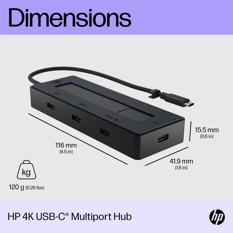 HP 4K USB-C Multiport Hub, USB Type-C, USB 3.2 Gen 2 (3.1 Gen 2) Type-C, 10000 Mbit/s, Czarny, 4K Ultra HD, Chiny