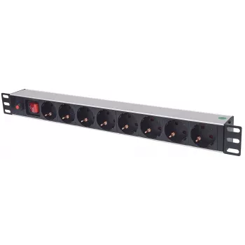 Intellinet 19-calowa 1U Rackmount 8-gniazdowa jednostka dystrybucji zasilania (PDU) z gniazdami EU CEE 7/3, z włącznikiem/wyłącznikiem i zabezpieczeniem przed przeciążeniem, wbudowany przewód zasilający 3 m z wtyczką EU CEE 7/4