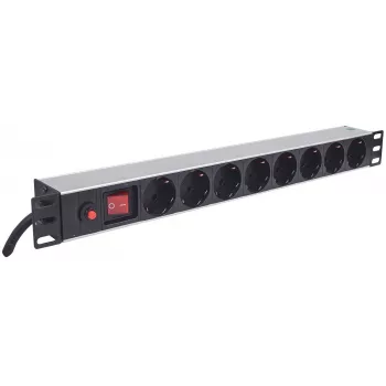 Intellinet 19-calowa 1U Rackmount 8-gniazdowa jednostka dystrybucji zasilania (PDU) z gniazdami EU CEE 7/3, z włącznikiem/wyłącznikiem i zabezpieczeniem przed przeciążeniem, wbudowany przewód zasilający 3 m z wtyczką EU CEE 7/4