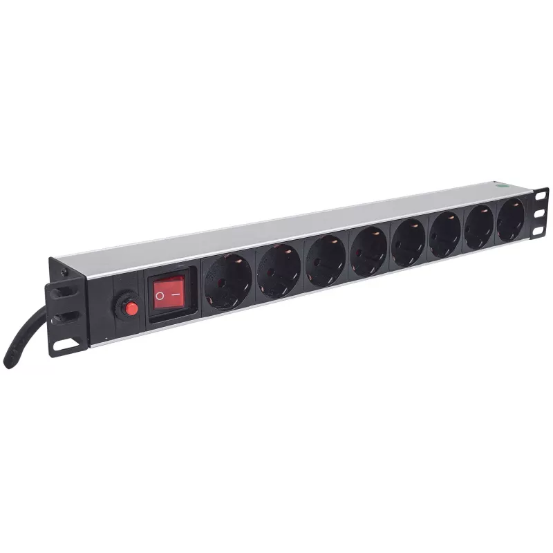 Intellinet 19-calowa 1U Rackmount 8-gniazdowa jednostka dystrybucji zasilania (PDU) z gniazdami EU CEE 7/3, z włącznikiem/wyłącznikiem i zabezpieczeniem przed przeciążeniem, wbudowany przewód zasilający 3 m z wtyczką EU CEE 7/4
