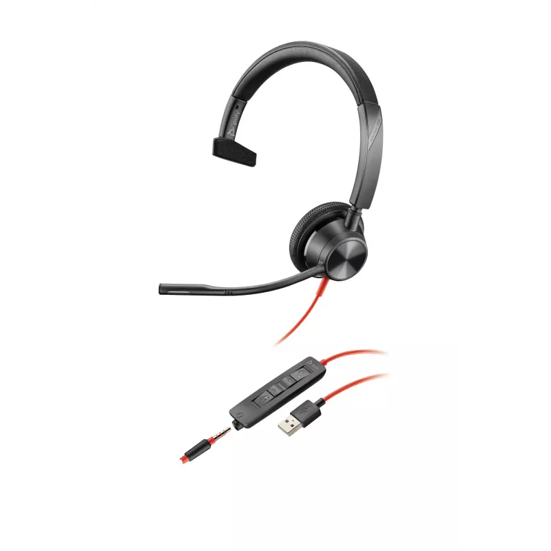 HP Poly Poly Blackwire 3315 USB-A Zestaw słuchawkowy, Przewodowy, 20 - 20000 Hz, Biuro/Call center, 102 g, Zestaw słuchawkowy, Czarny, Czerwony