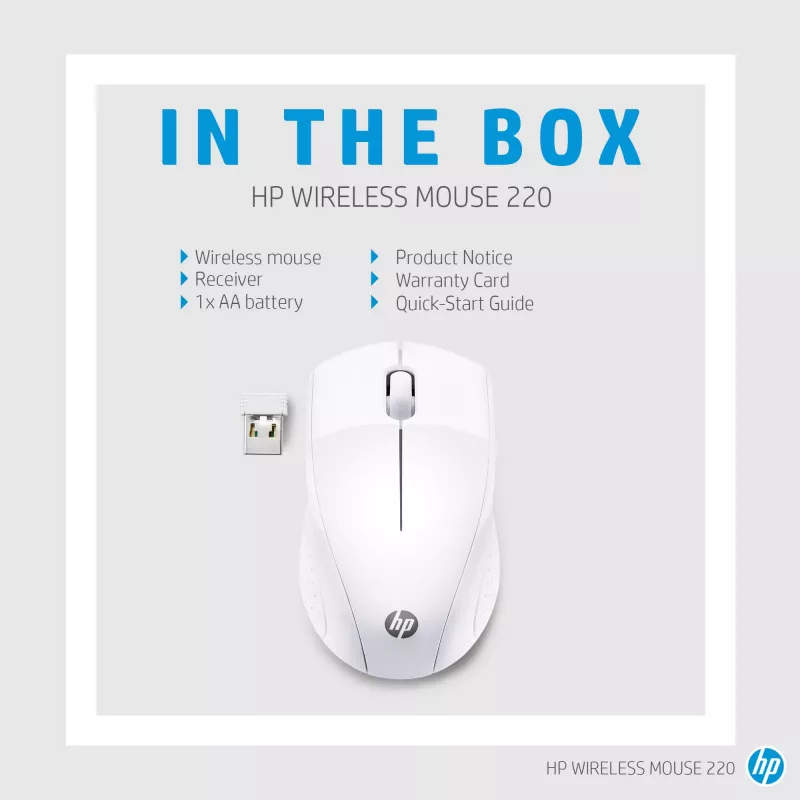 HP Wireless mysz 220 (Snow biały), Optyczna, RF Wireless, Biała