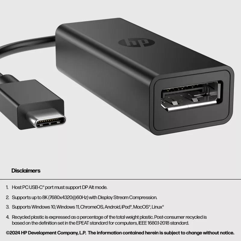 HP USB-C do DisplayPort Adapter G2, 0,12 m, DisplayPort, USB Type-C, żeński, męski, 7680 x 4320 pikseli