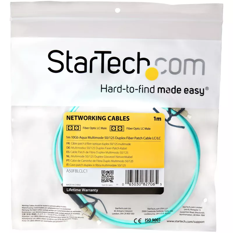 StarTech.com 1m (3ft) LC/UPC do LC/UPC OM3 wielomodowy kabel światłowodowy, pełny dupleks 50/125µm kabel zipcord, 100G, niska tłumienność wtrąceniowa, złącze światłowodowe LSZH