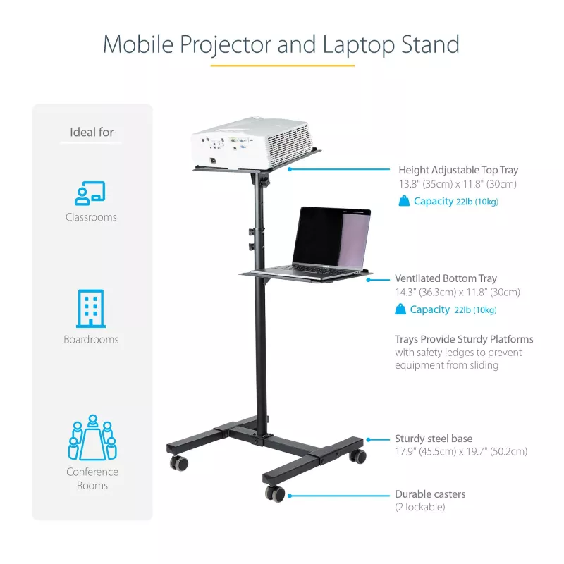 StarTech.com Mobilny stojak/wózek na projektor i laptopa — wytrzymały przenośny stojak na projektor (2 półki, każda udźwig 22 funty/10 kg) — wózek prezentacyjny na kółkach z regulacją wysokości i blokadą