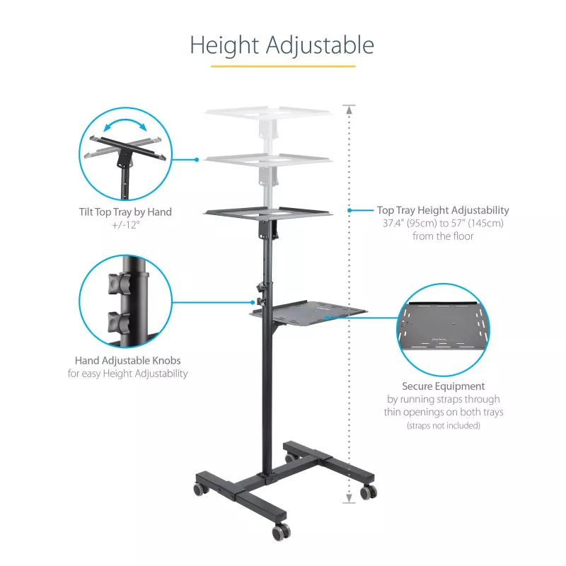 StarTech.com Mobilny stojak/wózek na projektor i laptopa — wytrzymały przenośny stojak na projektor (2 półki, każda udźwig 22 funty/10 kg) — wózek prezentacyjny na kółkach z regulacją wysokości i blokadą