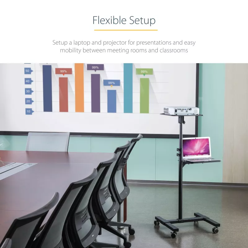 StarTech.com Mobilny stojak/wózek na projektor i laptopa — wytrzymały przenośny stojak na projektor (2 półki, każda udźwig 22 funty/10 kg) — wózek prezentacyjny na kółkach z regulacją wysokości i blokadą