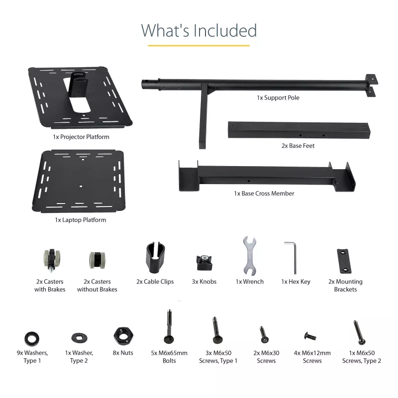 StarTech.com Mobilny stojak/wózek na projektor i laptopa — wytrzymały przenośny stojak na projektor (2 półki, każda udźwig 22 funty/10 kg) — wózek prezentacyjny na kółkach z regulacją wysokości i blokadą