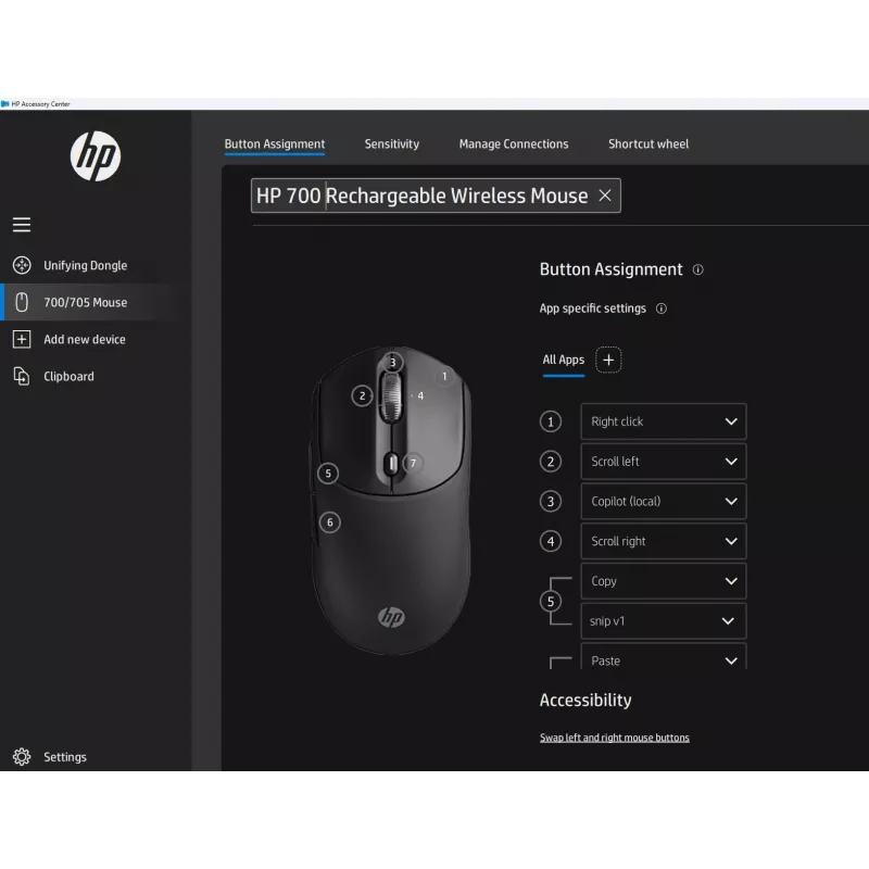 HP 700 Ładowalna Mysz Bezprzewodowa, Symetryczna, RF Bezprzewodowa + Bluetooth, 6000 DPI, Czarna