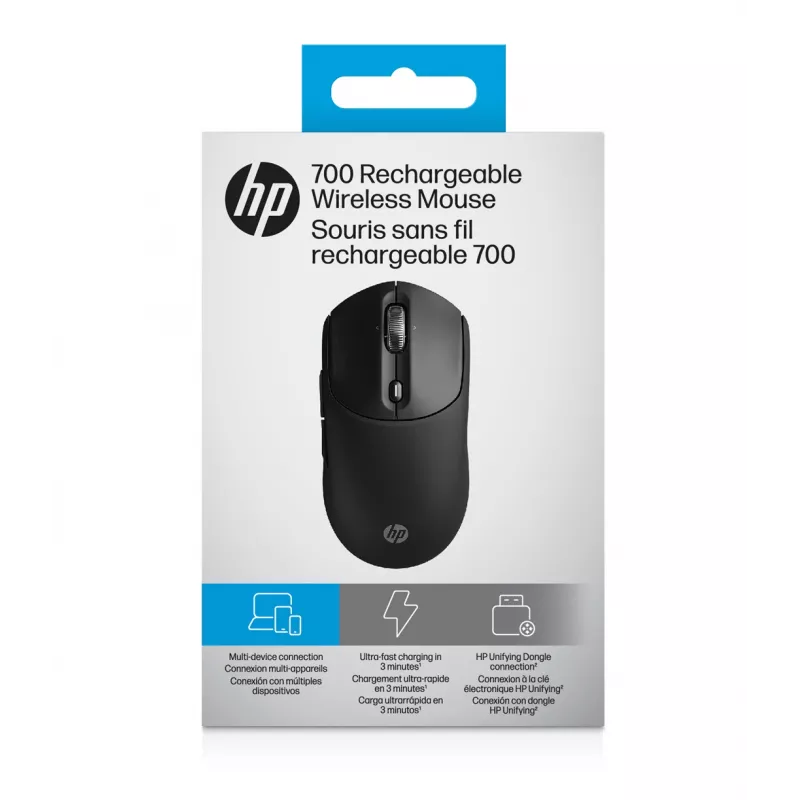 HP 700 Ładowalna Mysz Bezprzewodowa, Symetryczna, RF Bezprzewodowa + Bluetooth, 6000 DPI, Czarna